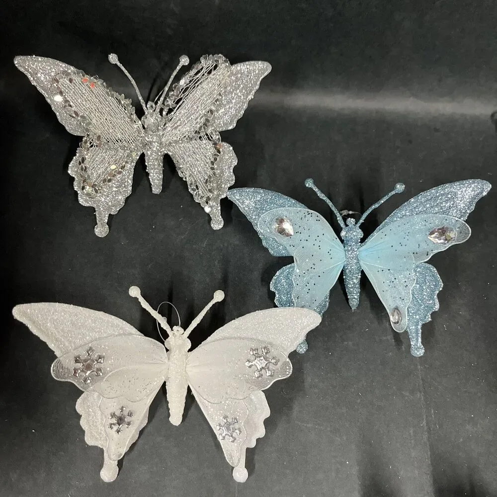 12 Silver/Blue Glittered‎ Christmas Ornaments:Butterflies Dragonfly Bird Flowers